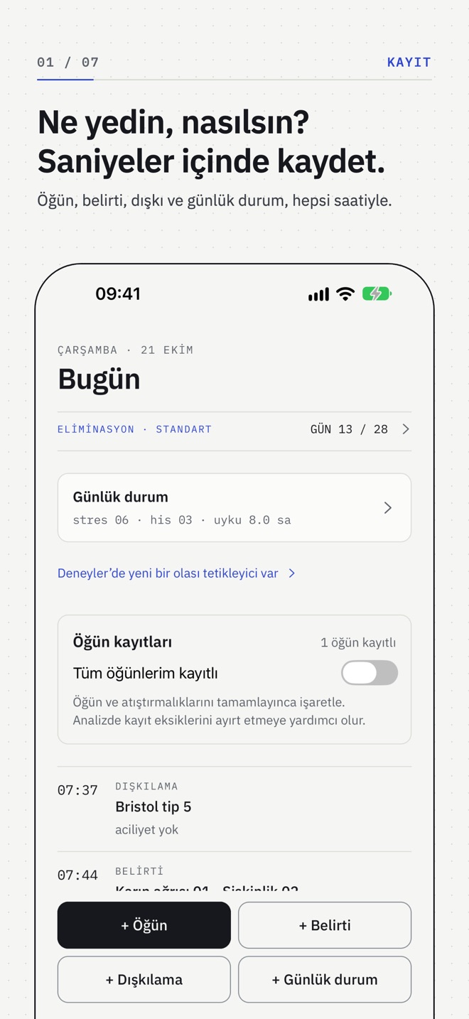 Bugün ekranı: günün kayıtları